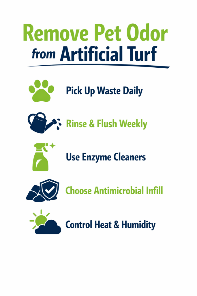 Infographic summarizing methods to remove pet odor from artificial turf in Arizona, including daily waste removal, rinsing, enzyme cleaners, antimicrobial infill and heat management.