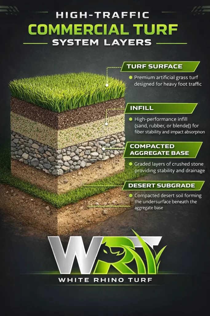High-traffic commercial turf system layers showing turf surface, infill, compacted aggregate base, and desert subgrade designed for Phoenix commercial properties.