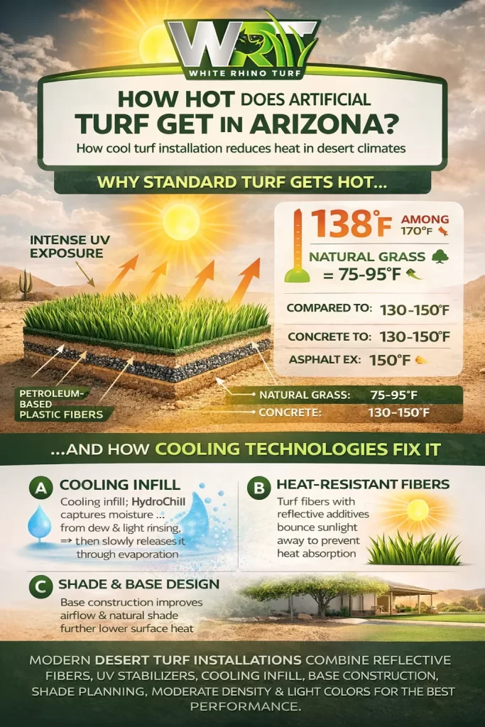 Infographic by White Rhino Turf comparing artificial turf temperature in Arizona to natural grass and showing how cooling infill, heat-resistant fibers, and shade design reduce surface heat.