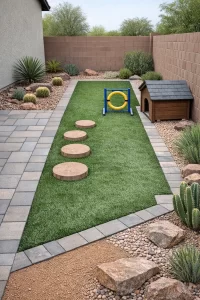 Illustration of a side yard in Phoenix using artificial turf for a dog run with paver walkway and desert plants.