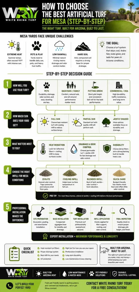 Step-by-step infographic showing how to choose the best artificial turf for Mesa homes, including heat resistance, pet turf, drainage, and infill options for Arizona climates.