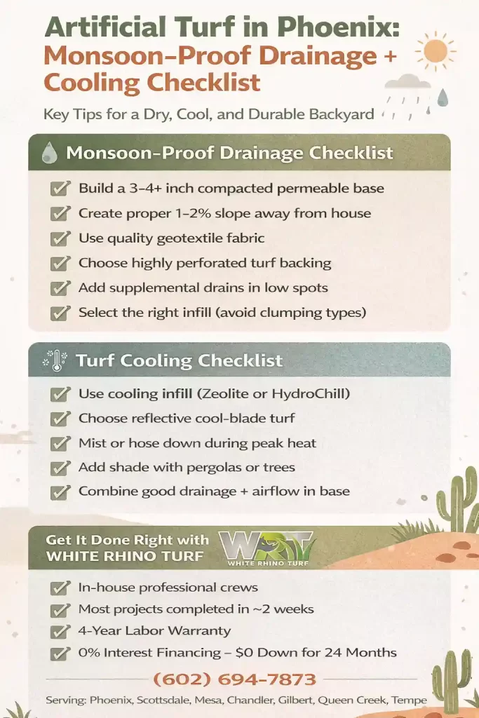Artificial Turf Drainage and Cooling Checklist for Phoenix - Monsoon-proof tips, proper base layers, common mistakes to avoid, and cooling techniques to keep turf comfortable in Arizona heat - White Rhino Turf
