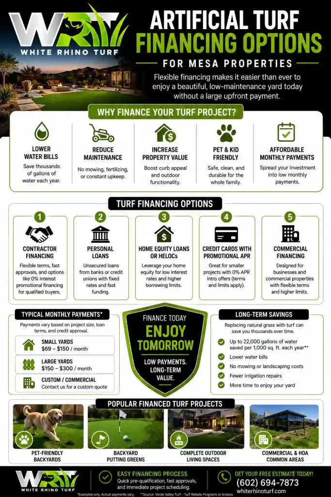 Infographic showing artificial turf financing options for Mesa AZ homeowners and businesses including monthly payment options, financing types, long-term savings, pet turf financing, commercial turf financing, and backyard putting green projects by White Rhino Turf.
