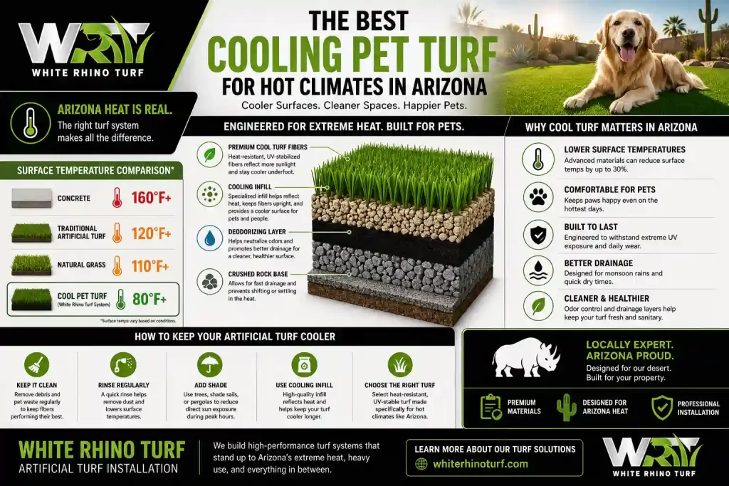 Infographic showing the best cooling pet turf systems for hot climates in Arizona, including heat-resistant turf fibers, cooling infill, drainage layers, surface temperature comparisons, and tips for keeping artificial grass cooler for dogs in Phoenix heat.