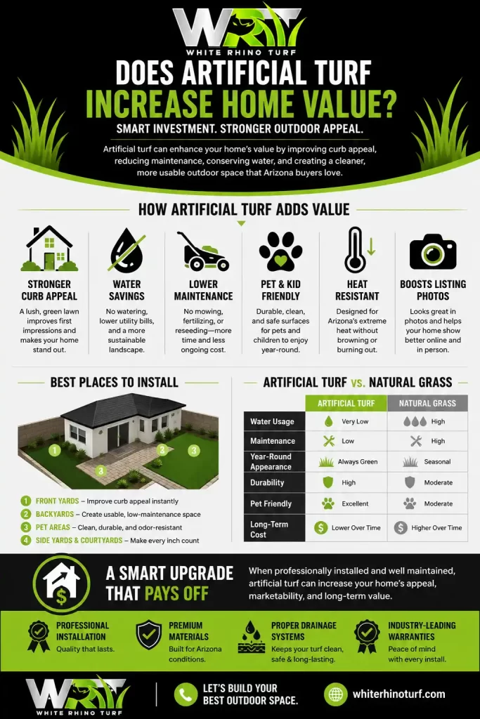 Infographic explaining how artificial turf can improve home value in Arizona through curb appeal, lower maintenance, water-conscious landscaping, pet-friendly use, and stronger outdoor presentation.