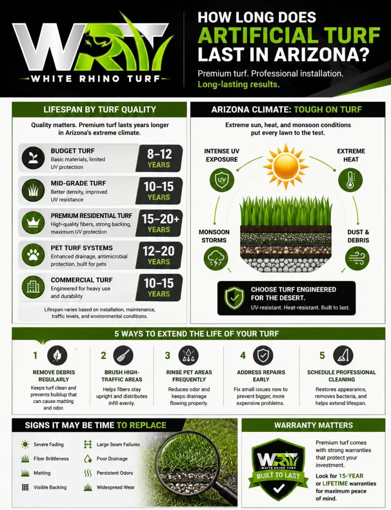 Infographic showing how long artificial turf lasts in Arizona, including turf lifespan by quality level, UV exposure effects, maintenance tips, warranty information, and replacement signs.