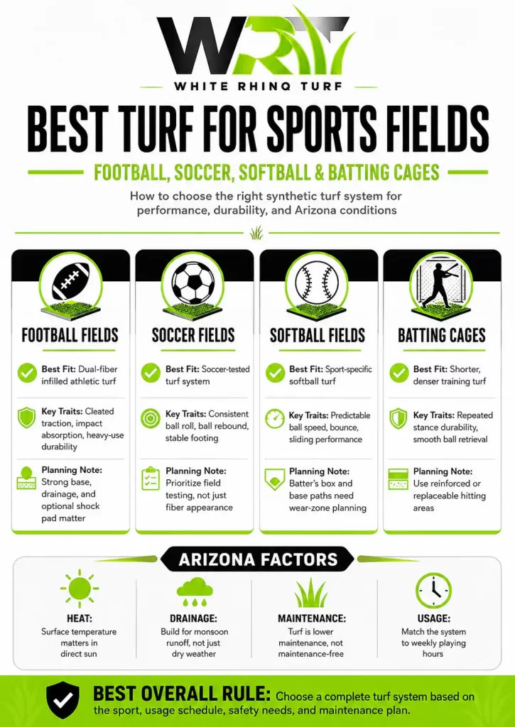 Infographic comparing the best artificial turf systems for football fields, soccer fields, softball fields, and batting cages, including Arizona heat, drainage, maintenance, and usage considerations.