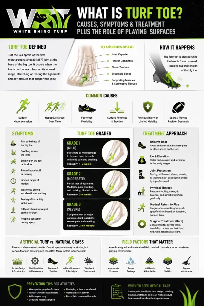Infographic explaining what turf toe is, its causes, symptoms, injury grades, treatment options, playing-surface factors, and prevention tips