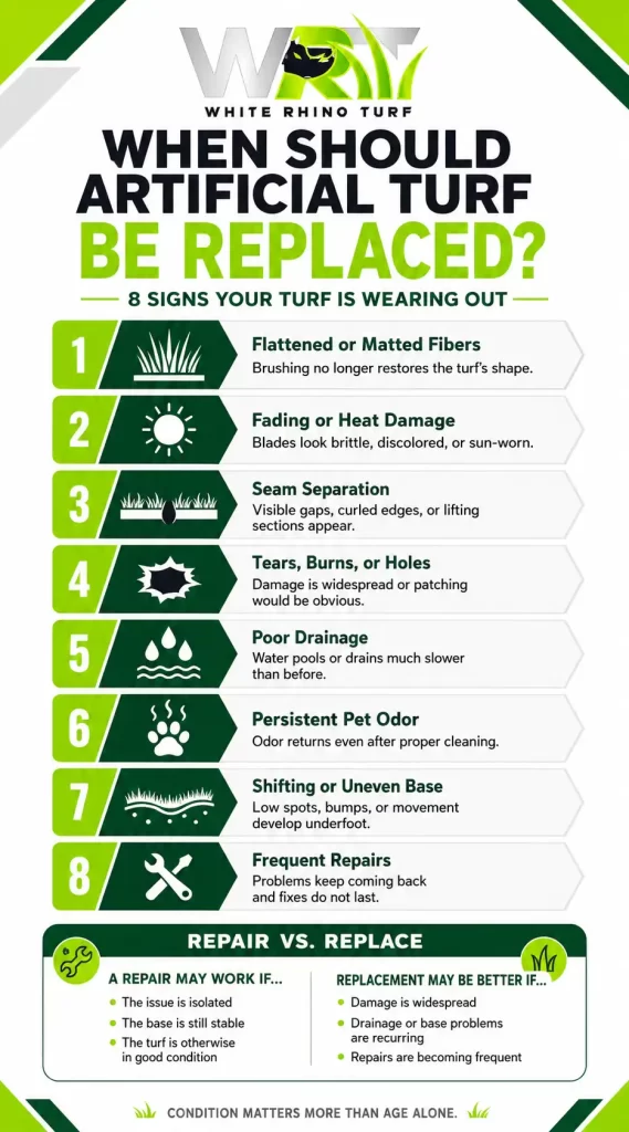 Infographic from White Rhino Turf showing 8 signs artificial turf may need replacement, including matted fibers, heat damage, seam separation, tears, poor drainage, pet odor, uneven base, and frequent repairs.