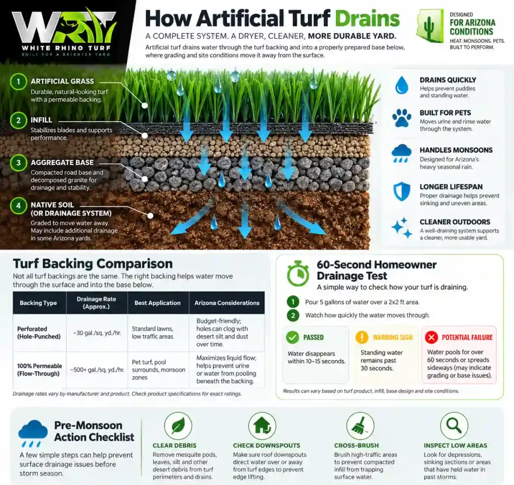 Infographic showing how artificial turf drains through permeable backing, infill, aggregate base, and graded soil in Arizona, including pet turf, monsoon drainage, backing types, and a homeowner drainage test.